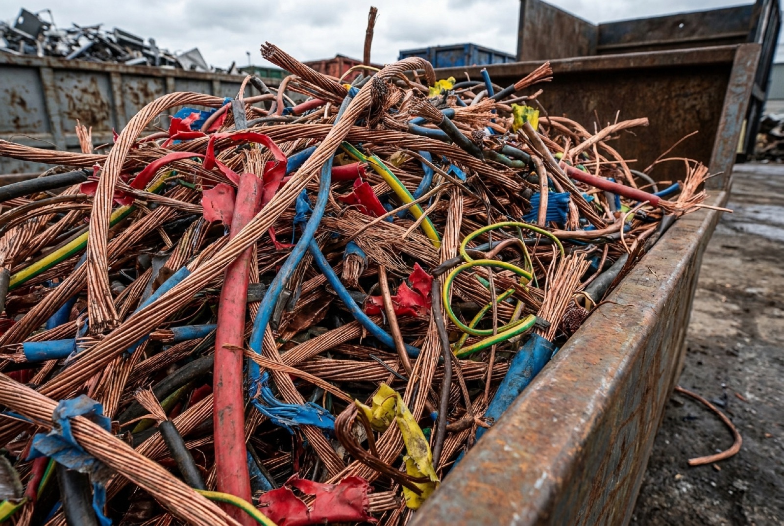Haufen gemischter Kupferkabel und abisolierter Leitungen im Stahlcontainer