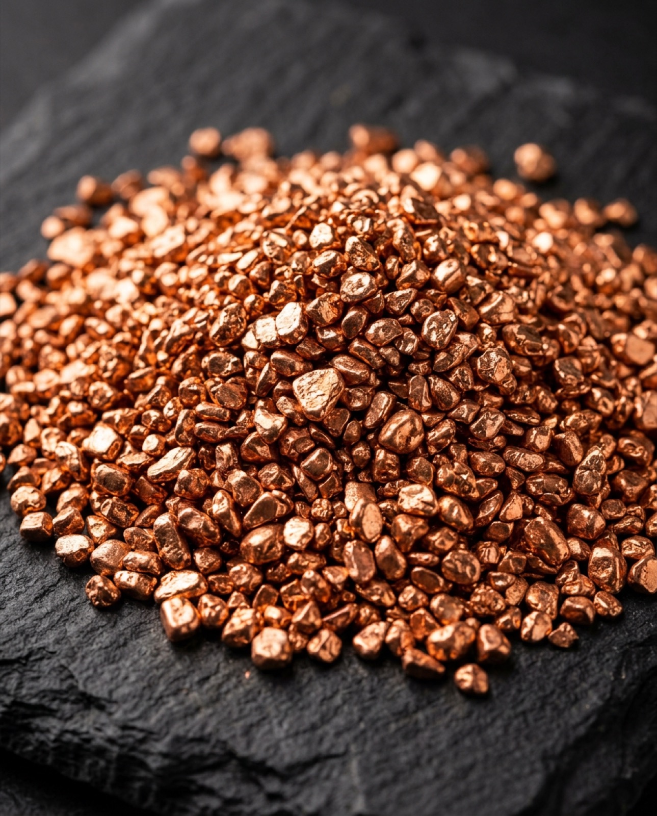 Glänzendes Kupfergranulat auf dunklem Schiefer, das Endprodukt unserer Granulieranlage